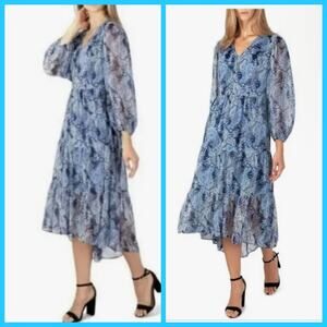 Joie Parisian Paisley Blue Chiffon Tiered Bohemian Midi Dress V-Neckline